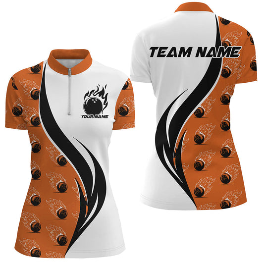 Custom Flame Bowling Polo Shirts For Women, Bowling Team Uniforms With Name | Orange IPHW6976