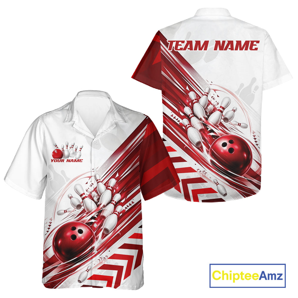 Custom White And Red Motion Speed Bowling Team Men And Women Hawaiian Shirt, Bowling Jerseys IPHW11646