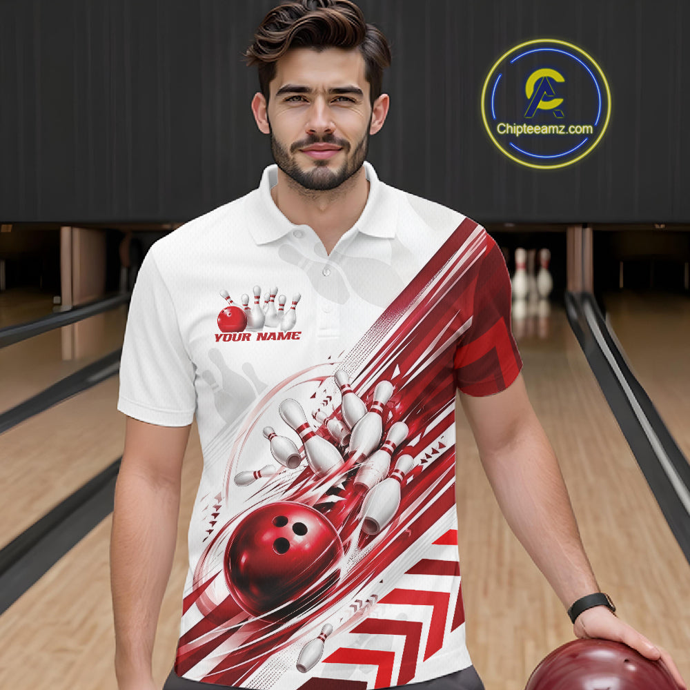 Custom White And Red Motion Speed Bowling Team Men Polo Shirt, Bowling Jerseys IPHW11646