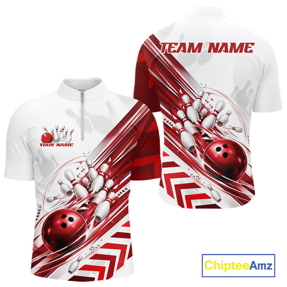 Custom White And Red Motion Speed Bowling Team Men Quarter Zip Shirt, Bowling Jerseys IPHW11646