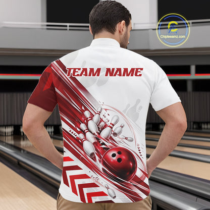 Custom White And Red Motion Speed Bowling Team Men Quarter Zip Shirt, Bowling Jerseys IPHW11646