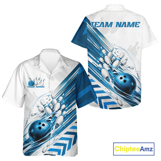 Custom White And Blue Motion Speed Bowling Team Men And Women Hawaiian Shirt, Bowling Jerseys IPHW11647