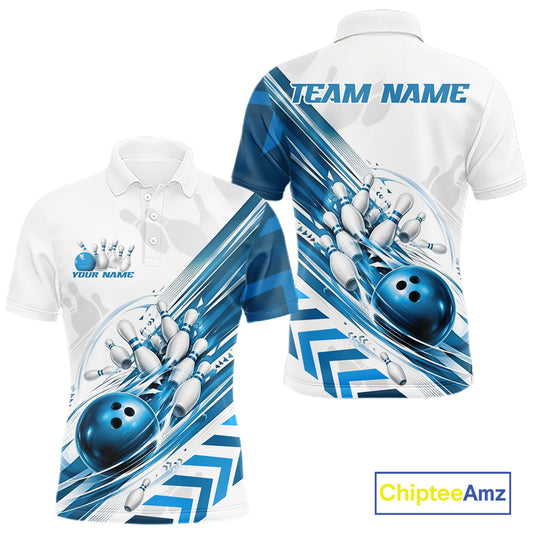 Custom White And Blue Motion Speed Bowling Team Men Polo Shirt, Bowling Jerseys IPHW11647