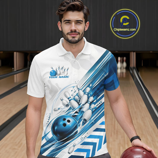 Custom White And Blue Motion Speed Bowling Team Men Polo Shirt, Bowling Jerseys IPHW11647