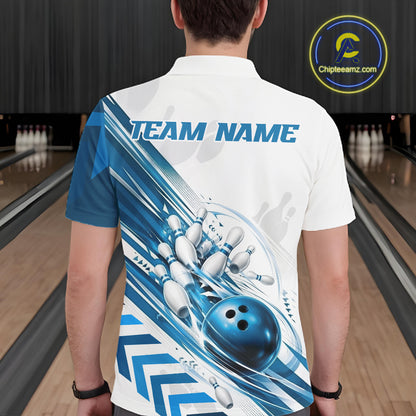 Custom White And Blue Motion Speed Bowling Team Men Polo Shirt, Bowling Jerseys IPHW11647