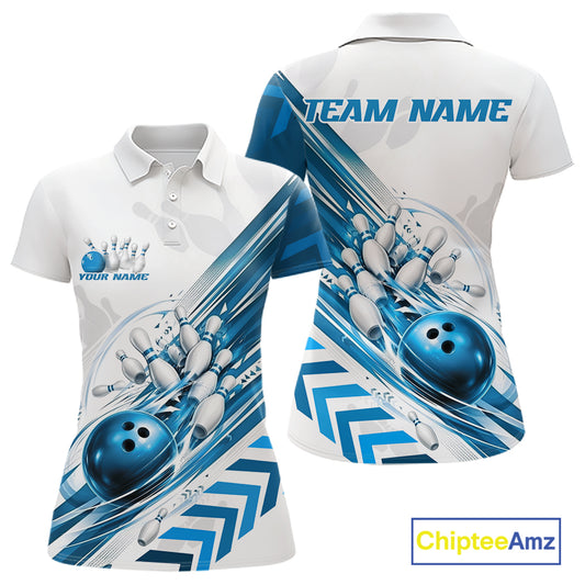Custom White And Blue Motion Speed Bowling Team Women Polo Shirt, Bowling Jerseys IPHW11647
