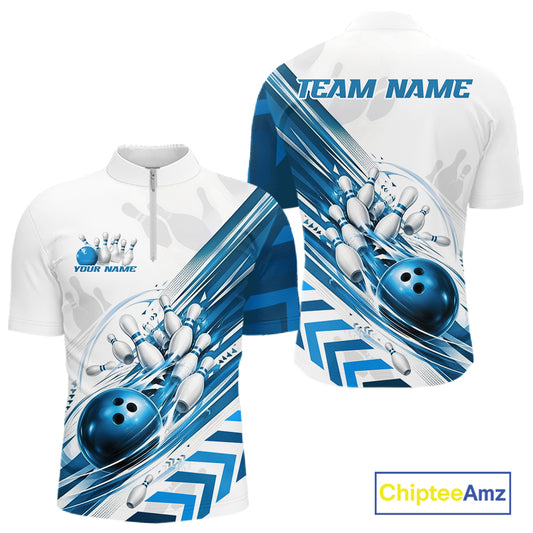 Custom White And Blue Motion Speed Bowling Team Men Quarter Zip Shirt, Bowling Jerseys IPHW11647