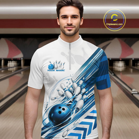 Custom White And Blue Motion Speed Bowling Team Men Quarter Zip Shirt, Bowling Jerseys IPHW11647