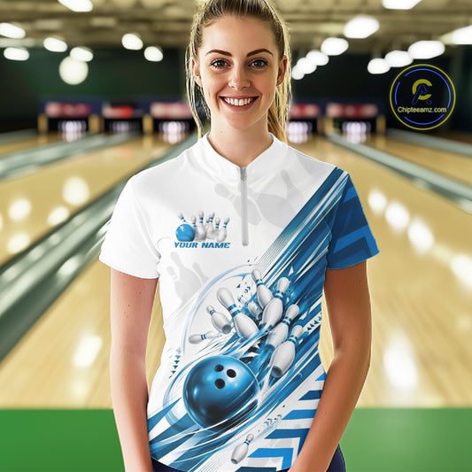 Custom White And Blue Motion Speed Bowling Team Women Quarter-Zip Shirt, Bowling Jerseys IPHW11647