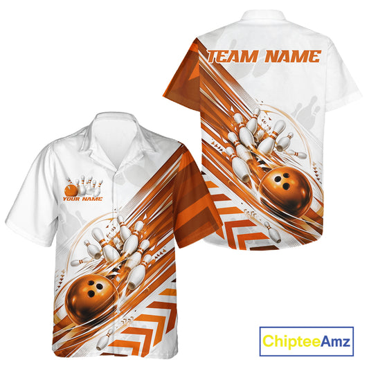 Custom White And Orange Motion Speed Bowling Team Men And Women Hawaiian Shirt, Bowling Jerseys IPHW11648
