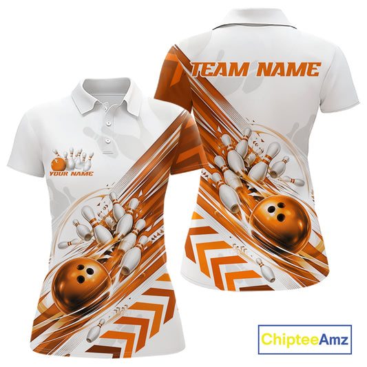Custom White And Orange Motion Speed Bowling Team Women Polo Shirt, Bowling Jerseys IPHW11648