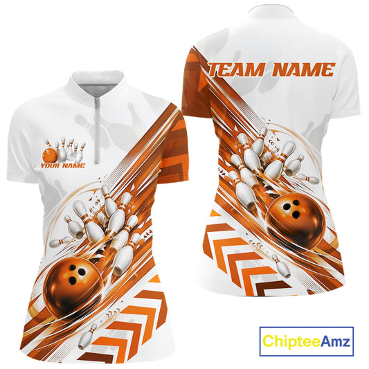 Custom Orange Motion Speed Bowling Team Women Quarter-Zip Shirt, Bowling Jerseys IPHW11648