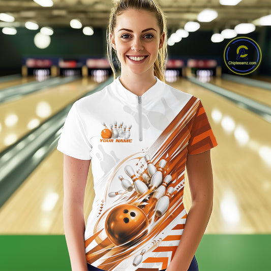 Custom Orange Motion Speed Bowling Team Women Quarter-Zip Shirt, Bowling Jerseys IPHW11648