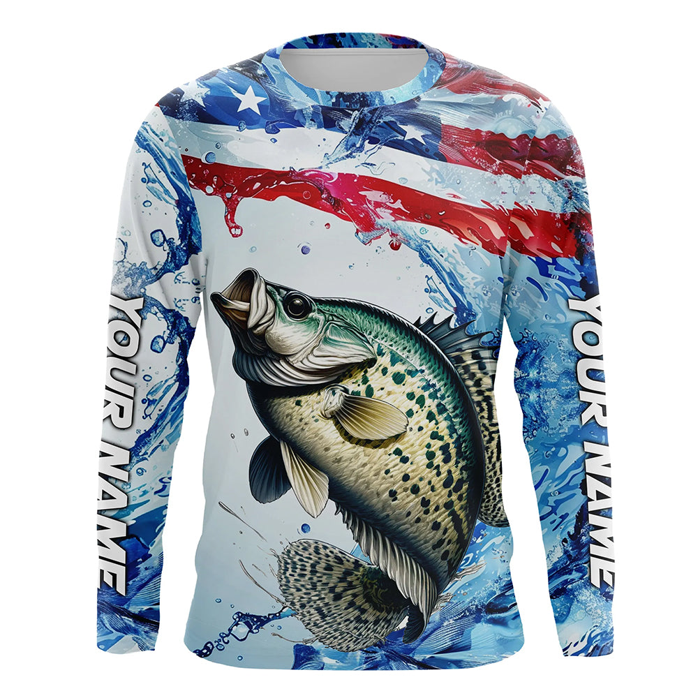 Personalized Patriotic Crappie Long Sleeve Fishing Shirts, American Flag Fishing Shirts IPHW7187