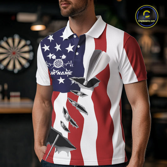 Custom Patriotic US Flag Silver Dart Steel Tip Dart Men Polo Shirt, Dart Team Jerseys IPHW9875