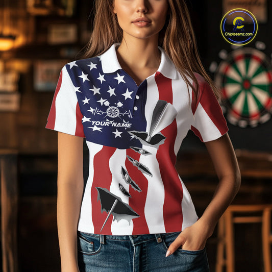 Custom Patriotic US Flag Silver Dart Steel Tip Dart Women Polo Shirt, Dart Team Jerseys IPHW9875