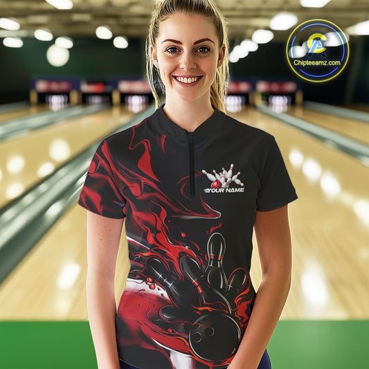 Custom Black And Red Camo Flame Bowling Team Women Quarter-Zip Shirts, Bowling Jerseys IPHW9877