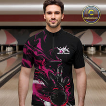 Load image into Gallery viewer, Custom Black And Pink Camo Flame Bowling Team Quarter-Zip Shirts For Men, Bowling Jerseys IPHW9880