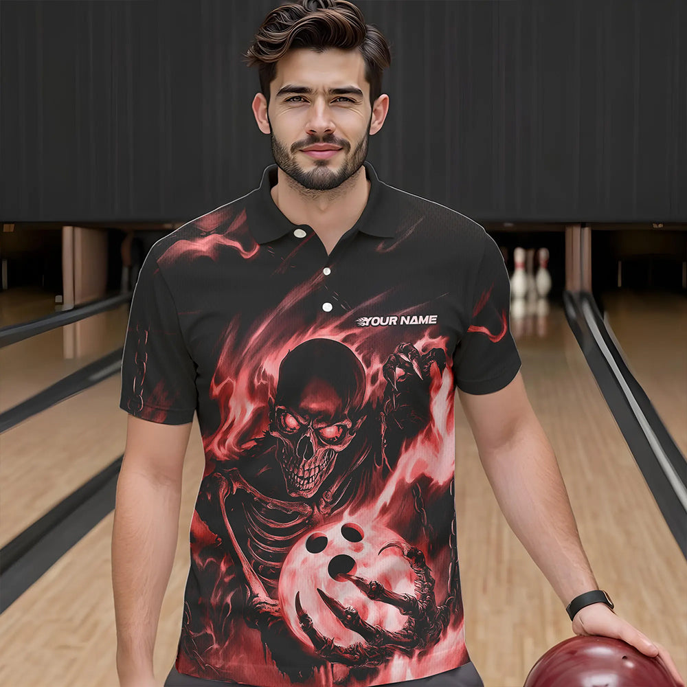 Black And Red Flame Skull Custom Bowling Polo Shirts For Men, Skeleton Bowling Team Shirt IPHW8402