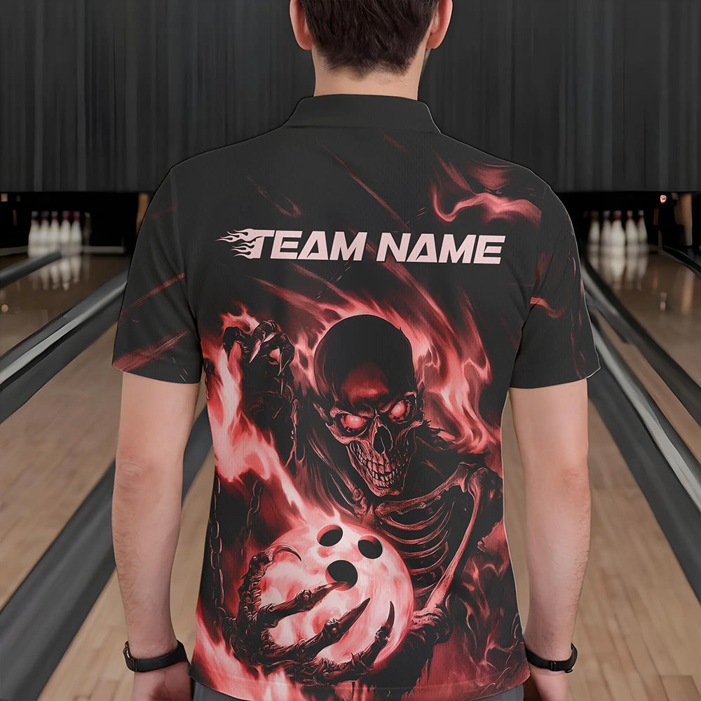 Black And Red Flame Skull Custom Bowling Polo Shirts For Men, Skeleton Bowling Team Shirt IPHW8402