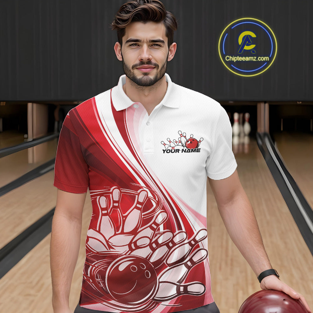 Male model in a bowling lane wearing a white and red polo shirt with a sweeping curve bowling strike graphic and pins being knocked down.