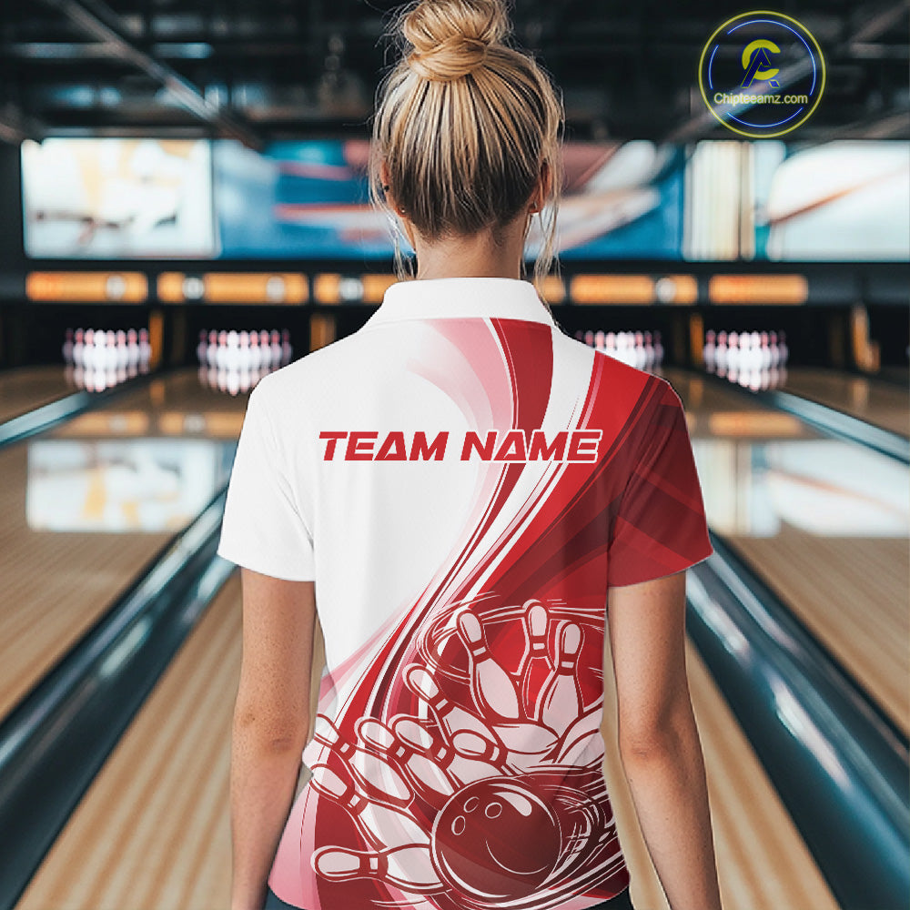 Back view of a white and red bowling quarter zip displaying dynamic curved accents and a bowling ball crashing into pins artwork inside a bowling center.