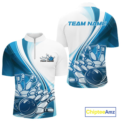 Front and back view of a mens bowling quarter zip shirt mockup in white and blue, featuring a dynamic curved bowling strike graphic with ball and pins.