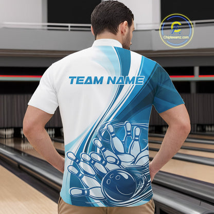 Male model in a bowling lane wearing a white and blue quarter zip shirt, featuring a dynamic bowling strike illustration with curved motion graphics.