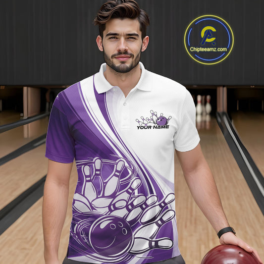 Male model in a bowling lane wearing a white and purple polo shirt with dynamic curved bowling strike graphic and motion accents.