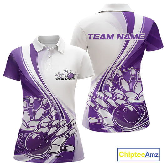 Front and back view of a womens bowling polo shirt mockup in white and purple, featuring a dynamic sweeping curve bowling strike illustration.