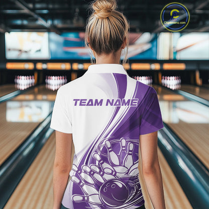 Back view of a white and purple bowling quarter zip with dynamic curved artwork and a bowling ball crashing into pins motif at the bowling lane.