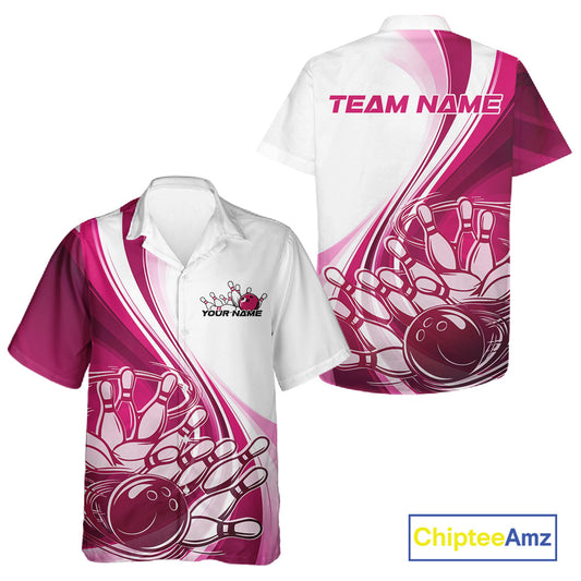 Front and back view of a bowling button-up shirt mockup in white and pink, featuring a dynamic sweeping curve with a bowling ball crashing into pins design.