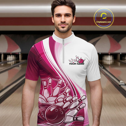 Male model in a bowling lane wearing a white and pink quarter zip shirt, showcasing a sweeping curve graphic with a bowling ball knocking down pins.