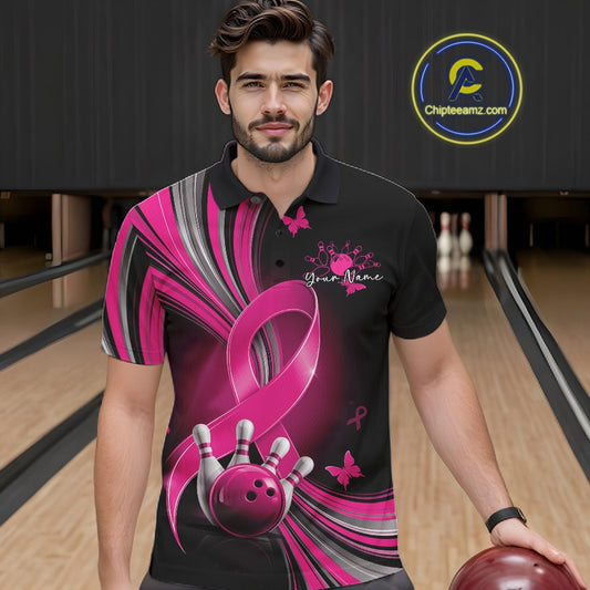 Front view of a male model in a black and pink bowling polo with breast cancer awareness ribbons, small butterflies, and bowling artwork