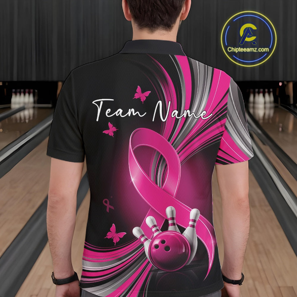 Back view of a male model wearing a black and pink bowling polo with breast cancer awareness ribbons, small butterflies, and bowling graphics
