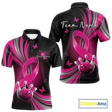 Load image into Gallery viewer, Front and back mockup of a mens black and pink bowling polo showcasing breast cancer awareness ribbons, small butterflies, and bowling graphics