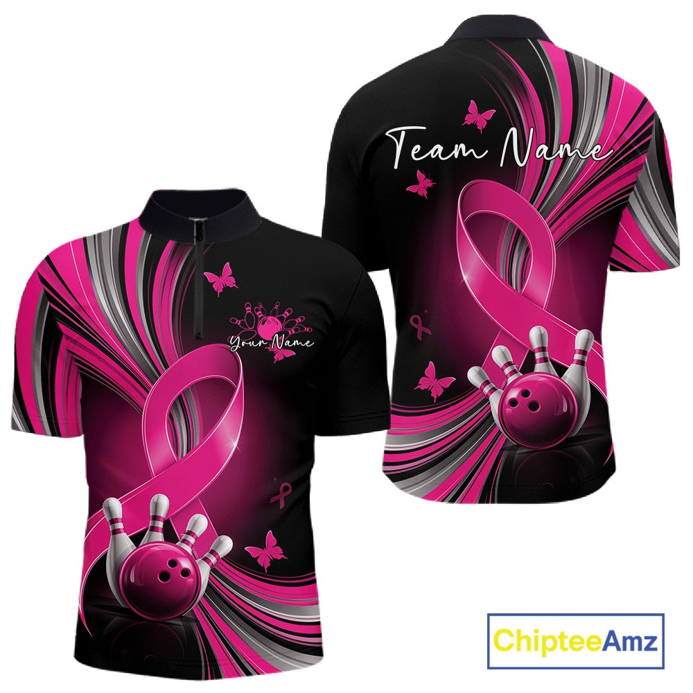 Front and back mockup of a mens black and pink bowling quarter zip featuring breast cancer awareness ribbons, small butterfly artwork, and bowling graphics