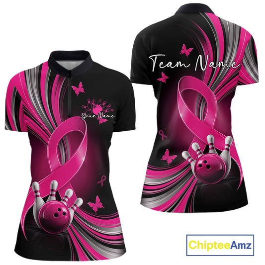 Front and back mockup of a women's black and pink bowling quarter zip featuring breast cancer awareness ribbons, small butterflies, and bowling graphics