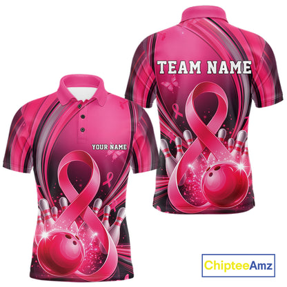 Front and back mockup of a men's pink and black bowling polo featuring breast cancer awareness ribbons and bowling graphics