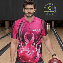 Load image into Gallery viewer, Front view of a male model in a pink and black bowling polo with breast cancer awareness ribbons and bowling-themed graphics