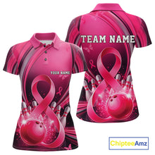 Load image into Gallery viewer, Front and back mockup of a women's pink and black bowling polo showcasing breast cancer awareness ribbon graphics and bowling artwork