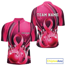 Load image into Gallery viewer, Front and back mockup of a men's pink and black bowling quarter zip featuring breast cancer awareness ribbon artwork and bowling graphics
