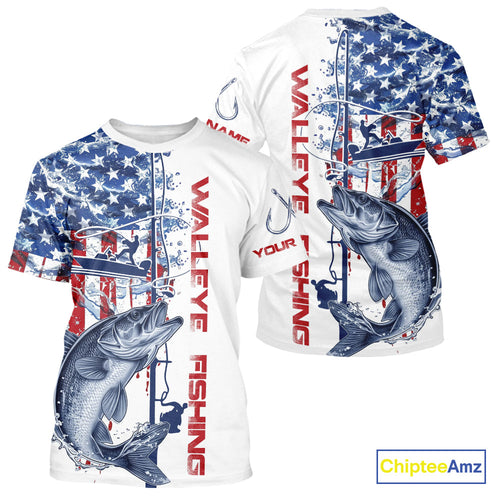 Custom Patriotic Walleye Fishing T-Shirts, Watercolor US Flag Fishing Jersey IPHW9162