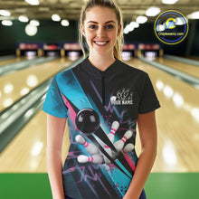 Load image into Gallery viewer, Custom Blue Pink Synthwave Style Bowling Women Quarter-Zip Shirt, Bowling League Shirt IPHW9514