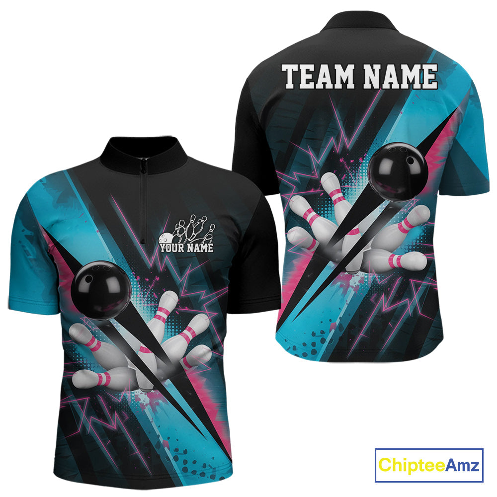 Custom Blue And Pink Synthwave Style Bowling Men Quarter-Zip Shirt, Team Bowling League Shirt IPHW9514