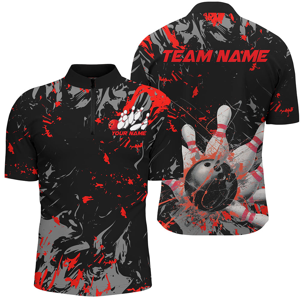 Black And Red Splatter Bowling Shirts For Men, Bowling Team Uniform Bowler Outfit IPHW7985