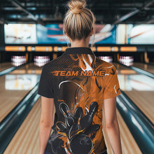 Load image into Gallery viewer, Black And Orange Custom Flame Bowling Polo Shirts For Women, Fire Bowling League Team Shirt IPHW8631