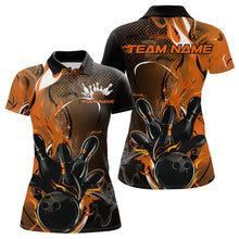 Load image into Gallery viewer, Black And Orange Custom Flame Bowling Polo Shirts For Women, Fire Bowling League Team Shirt IPHW8631