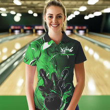 Load image into Gallery viewer, Black And Green Custom Flame Bowling Polo Shirts For Women, Fire Bowling League Team Shirt IPHW8632