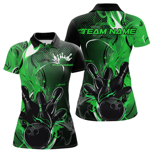 Black And Green Custom Flame Bowling Polo Shirts For Women, Fire Bowling League Team Shirt IPHW8632